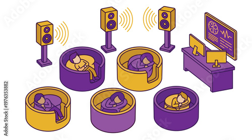 In a futuristic laboratory, several subjects are sleeping in individual pods during a scientific sleep study, monitored by a computer analyzing brainwaves and sound.