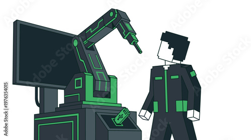 A pixel-art worker in a green uniform observes a large industrial robotic arm preparing to interact with a USB port on a futuristic machine in a clean factory setting.