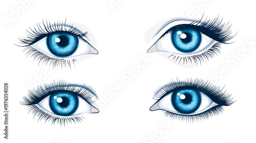 Digitally created illustration of four blue eyes with long eyelashes and white background