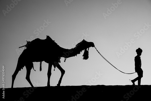 Silhouette of Handler and Camel on a Sand Dune
