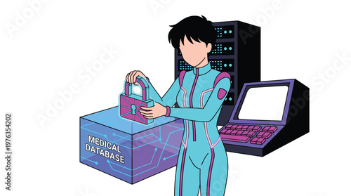 A female technician in a futuristic cyan suit secures a glowing medical database with a large digital padlock in a high-tech server room with retro-anime aesthetics.