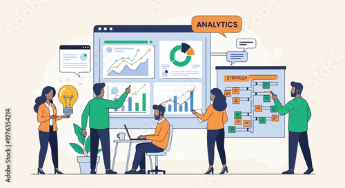 Illustration of business analytics team collaborating on data visualization and strategy planning with charts and graphs on a large screen
