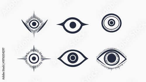 Six stylized eye illustrations, various shapes and degrees of detail, all in dark blue on a white background
