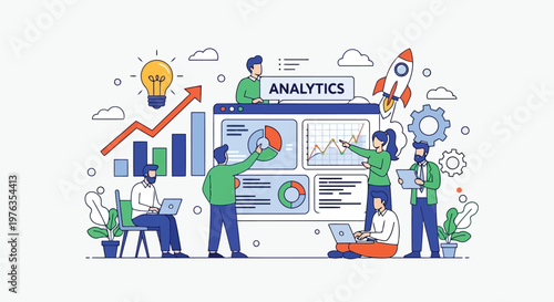 Illustration of diverse team collaborating on business analytics and data visualization with charts, graphs, and a rocket