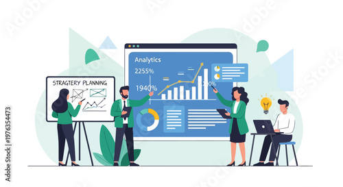 Illustration of business people analyzing financial data and strategizing on a whiteboard and large screen, isolated on