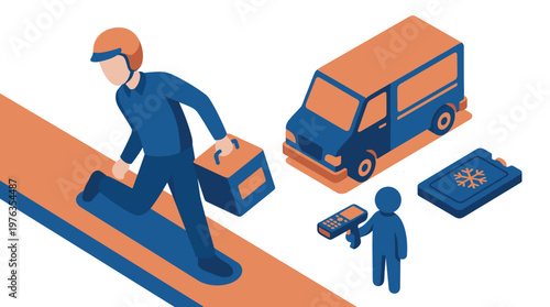A dynamic isometric illustration shows a uniformed delivery courier urgently running with a package towards a blue van, showcasing modern logistics and shipping services.
