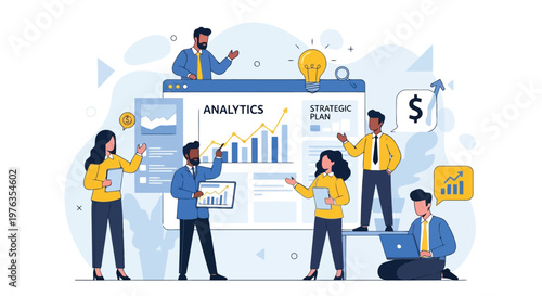Illustration of diverse business team working together on analytics and strategic planning with charts and graphs