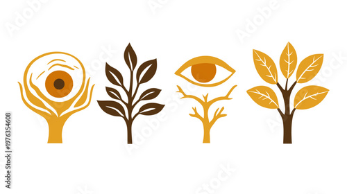 A conceptual graphic with four nature-inspired stylized elements an eye, leaves, and trees, in earth tones