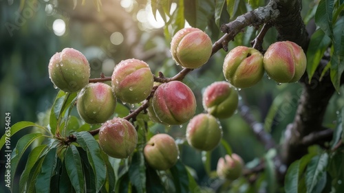 Fruit ripening on a branch showing natural growth and colour transition.