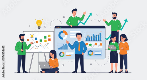 Illustration of business professionals engaged in a lively discussion about data analytics and strategic planning during a team meeting, isolated on