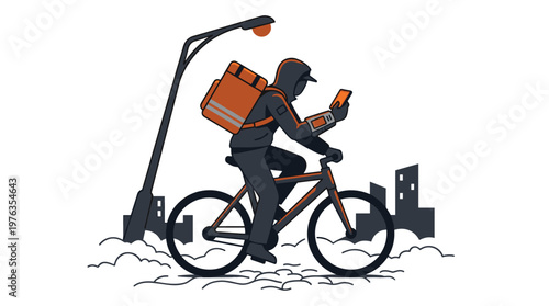 A modern food delivery courier wearing a dark hoodie and a large orange thermal backpack rides a bicycle through a city while checking a smartphone for directions.