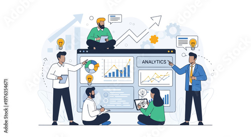 Illustration of business analytics team collaborating on data visualization and strategy, presenting growth charts and insights on a large screen, isolated on