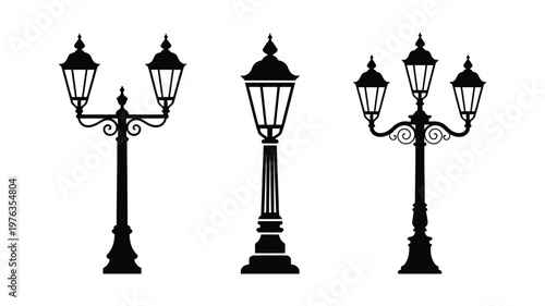 Street lamp vector cartoon set, multiple urban light pole styles isolated on white background for city design, outdoor lighting, and town illustration