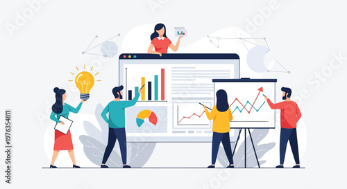 Illustration of diverse group of professionals working together on a business project, analyzing data and sharing ideas with charts and graphs, isolated on