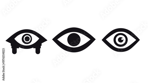 Three simple black and white eye illustrations on a plain white background, each with different details