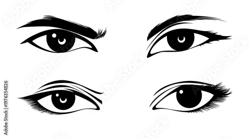A monochrome illustration showcasing four stylized representations of eyes in a minimalist, graphic style