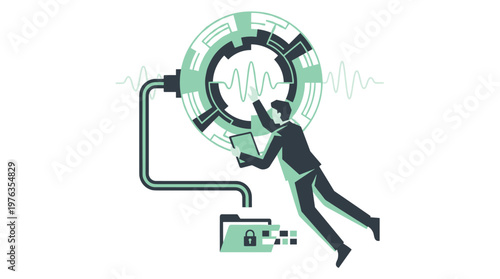 A businessman in a suit expertly analyzes complex information on a floating holographic interface, extracting secure data from a protected digital folder for analysis.