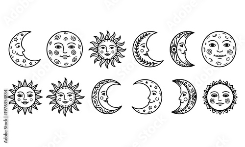 Sun and moon phases illustrated in a line art style