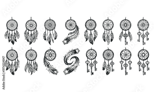 Black line art dreamcatcher set with feathers and spiral decorations