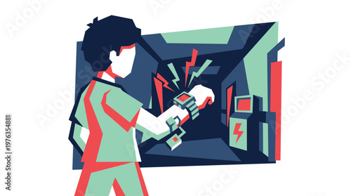 A person in a futuristic setting activates a powerful high-tech wrist device, causing vibrant red electrical energy to spark in a dark, angular hallway.