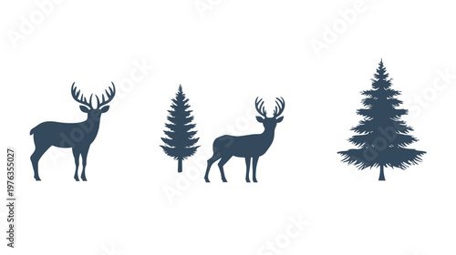 Silhouettes of deer with antlers and stylized evergreen trees, set against a plain white background