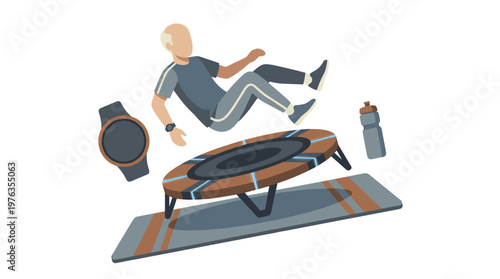 An active senior man in athletic sportswear joyfully exercises by jumping on a mini-trampoline, using a smartwatch to track his vibrant fitness activity.