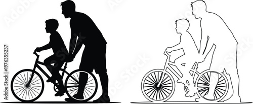 Family riding tandem bicycles together outdoors in silhouette style