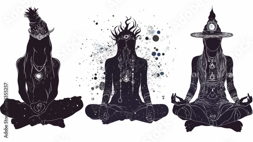 Silhouettes of figures in meditative poses, adorned with intricate jewelry, against white background