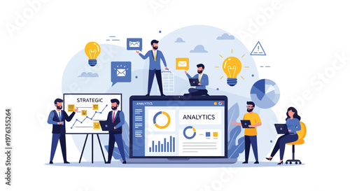 Illustration of business analytics and strategy meeting with people interacting with data visualizations on screens and whiteboards, isolated on
