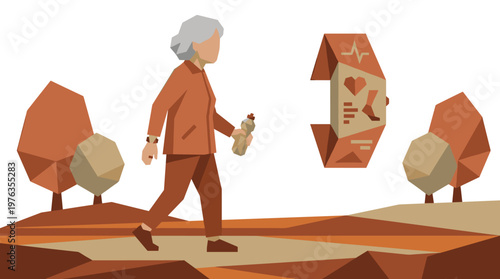An active senior woman in a warm-toned tracksuit enjoys a healthy walk in a stylized park, monitored by a futuristic floating smartwatch interface.
