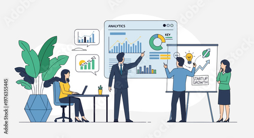 Illustration of business team analyzing data and charts on a large screen, presenting growth strategy and financial analytics in a modern office setting