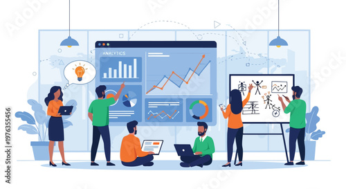 Illustration of diverse group of professionals collaborating on a business project, using laptops and whiteboards for data analysis and idea generation, isolated on