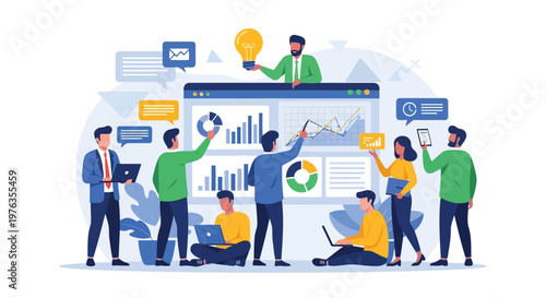 Illustration of diverse group of professionals collaborating on a business project, using laptops and discussing strategy with data visualization on a large screen