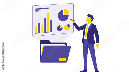 A professional businessman in a sharp suit meticulously analyzes vibrant bar and pie charts on a floating holographic screen, emerging from a data folder.