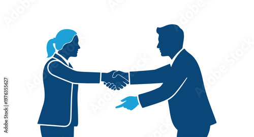 A professional business silhouette showing a man and woman shaking hands on a white background Vector