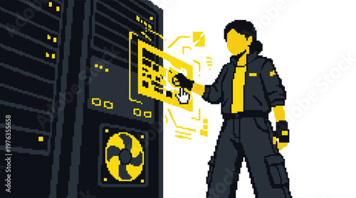 A skilled female technician in a futuristic pixel art style interacts with a glowing yellow holographic interface while managing large black server racks.