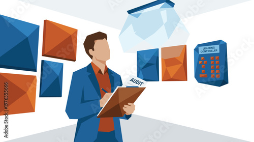 A meticulous auditor in a blue blazer conducts a thorough energy audit, inspecting a modern lighting controller and fixtures in a contemporary office space.
