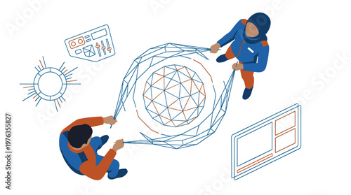 Two futuristic engineers in blue and orange jumpsuits collaboratively stretch a complex geodesic data sphere, surrounded by isolated holographic user interface elements.