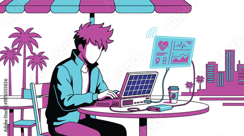 A futuristic digital nomad with spiky hair diligently types on a solar-panel laptop at an outdoor cafe, monitoring vital signs on a holographic display.
