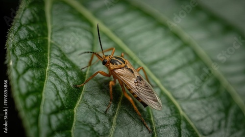 Insect resting on a green leaf with detailed texture and natural lighting.