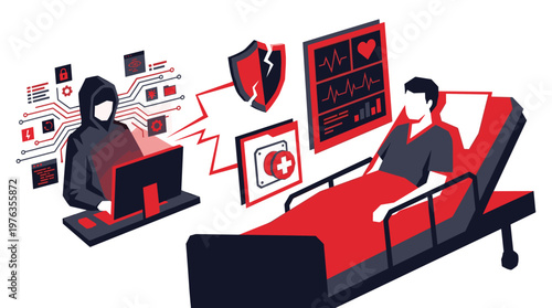 A malevolent hooded hacker maliciously compromises a patient's sensitive medical data from a laptop, illustrated by a broken security shield and erratic vitals.