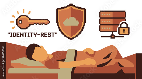 A pixelated person rests peacefully in bed while abstract digital security icons representing identity protection float overhead in a warm, earthy color palette.