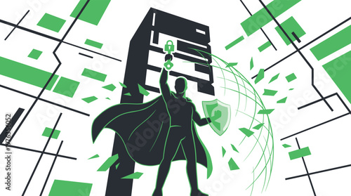 A powerful superhero silhouette with a flowing cape holds a glowing key and shield, protecting a tall server rack from digital threats in a dynamic green and black abstract space.