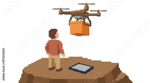 A detailed pixel art quadcopter drone carefully lowers a bright orange package to a waiting person on a rustic platform against a clean white background.
