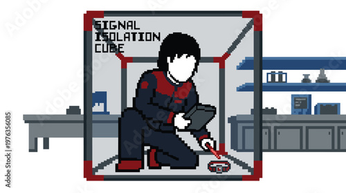 A pixelated scientist in a dark jumpsuit meticulously examines a glowing red device inside a labeled signal isolation cube within a sterile laboratory environment.