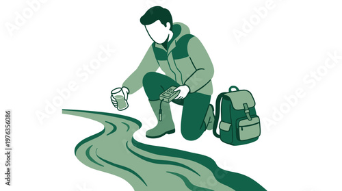 An environmental scientist in a green jacket and boots kneels by a winding river, meticulously testing a water sample with a digital meter in a clean, minimalist style.