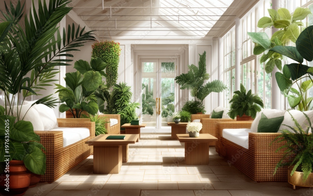 Fototapeta premium Serene Greenhouse Lounge with Wicker Seating and Lush Indoor Plants