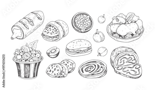 Hand drawn collection of various food and fruits bread burger salad
