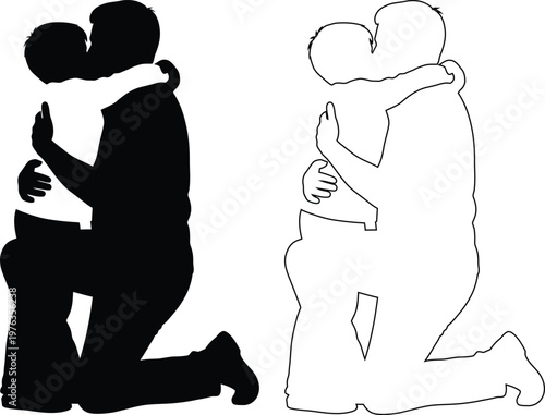 Couple Embracing One Person Kneeling Down Illustration Art