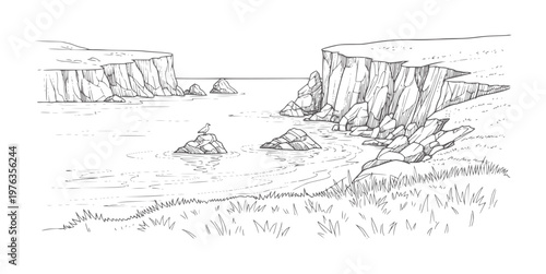 Hand drawn of a rocky coastline with a bird a rock rocks water